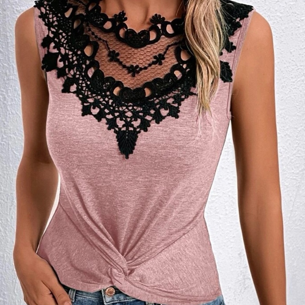 Lace Insert Twist Front Tank Top
